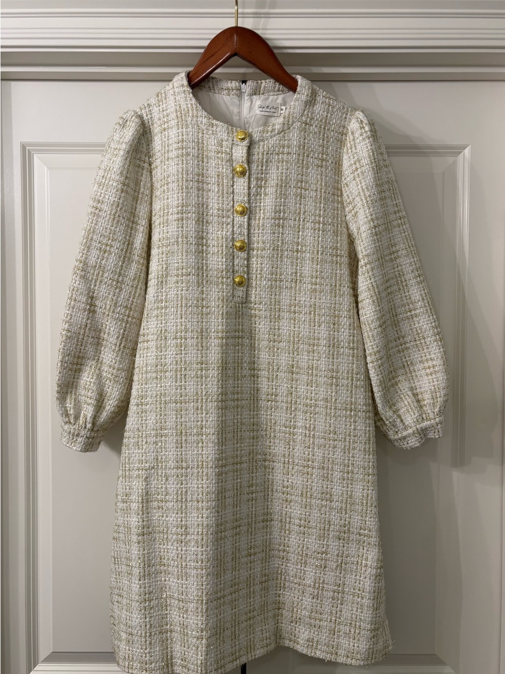 Neutral Tweed Long Sleeve Dress with Gold Buttons